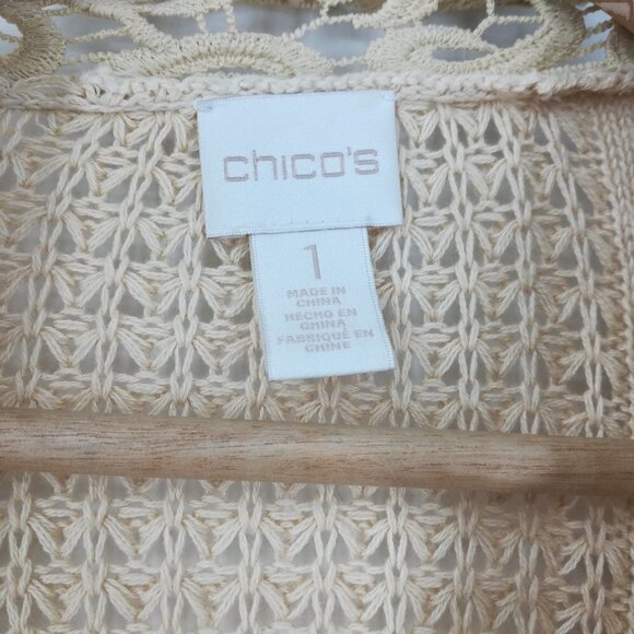 Chicos Open Front Knit Cardigan Sweater Size 1 M Waterfall Crochet Boho Long - Picture 10 of 11